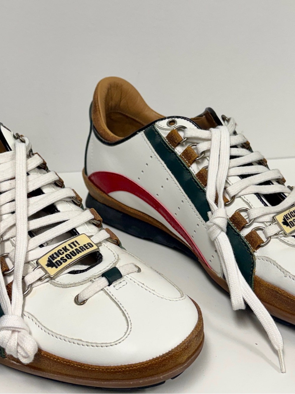 DSQUARED2 White Leather Sneakers with Green & Red Accents and Tan Interior NWT - Picture 12 of 13